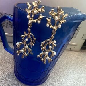 Gold Coral Branch Drop Earrings with Pearls - Women Jewelry